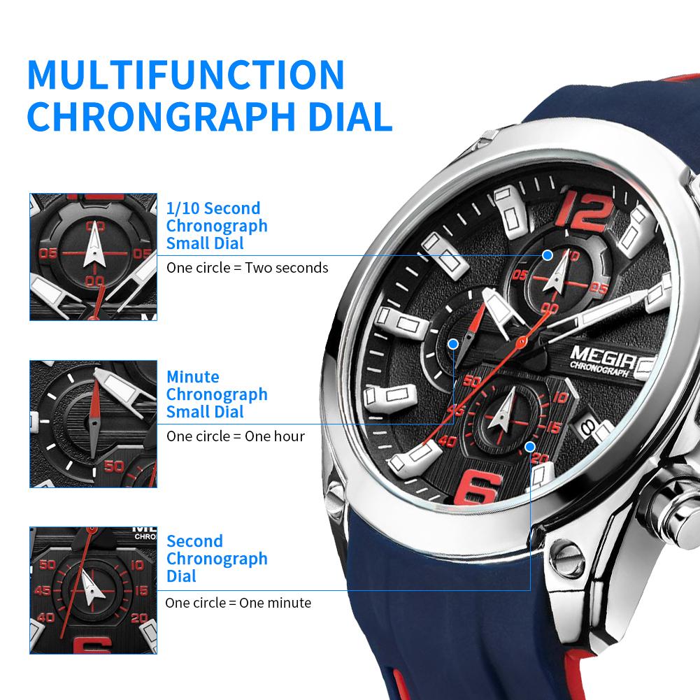 Megir Men's Analogue Sport Chronograph Luminous Quartz Watch with Fashion Silicone Strap 2063