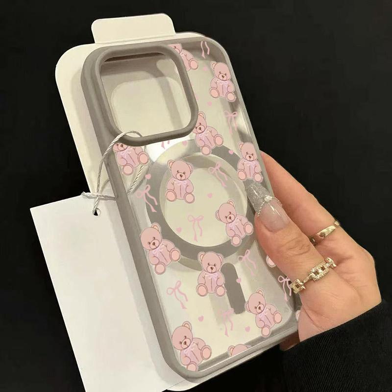 Cute Bear Bow Heart Phone Case For iPhone 17 Pro Max 16 Plus 15 14 13 12 16E 17 Air For Magsafe Wireless Charging Magnetic Cover
