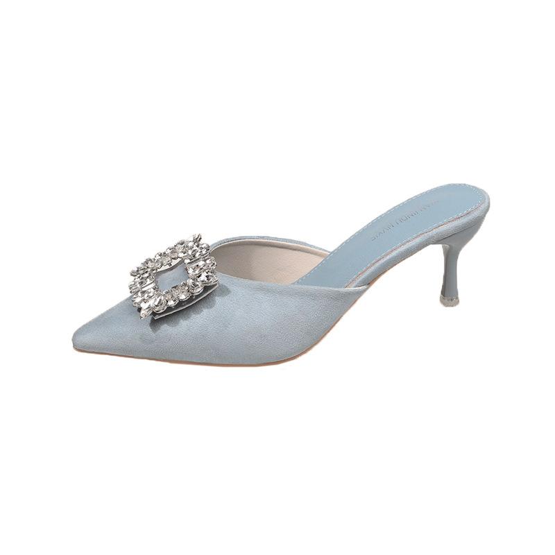 Square Buckle Rhinestone Bag Head Half Slippers Women's Outer Wear Summer 2025 New Thin Heel Short Heel Lazy Sandals Muller Shoes Women