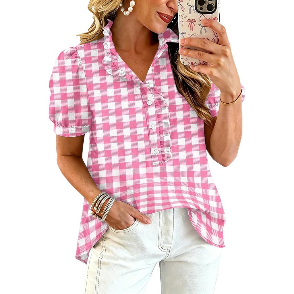 Blusa Informal de Moda para Mujer con Volantes, Cuello en V, Estampado a Cuadros, Manga Corta, Botones, Corte Holgado, para el Día a Día, Oficina