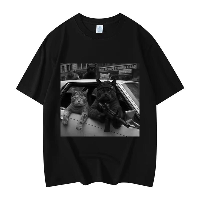 Funny Cat Gang Meme Graphic T Shirts Men's Women's Fashion Vintage Short Sleeve T-shirts High Quality Cotton Popular T-shirts