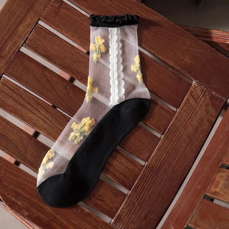 Calzini Lolita Kawaii Ruffle da donna Calzini estivi in seta di cristallo trasparenti ultra sottili con ricamo floreale Calzini lunghi in nylon carini per ragazze