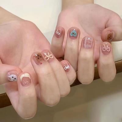 Armadura Pura Tejida a Mano Corta Color Nude Pintada a Mano Dibujos Animados Francesa Linda Animal Manicura Parche de Uña Postiza Removible