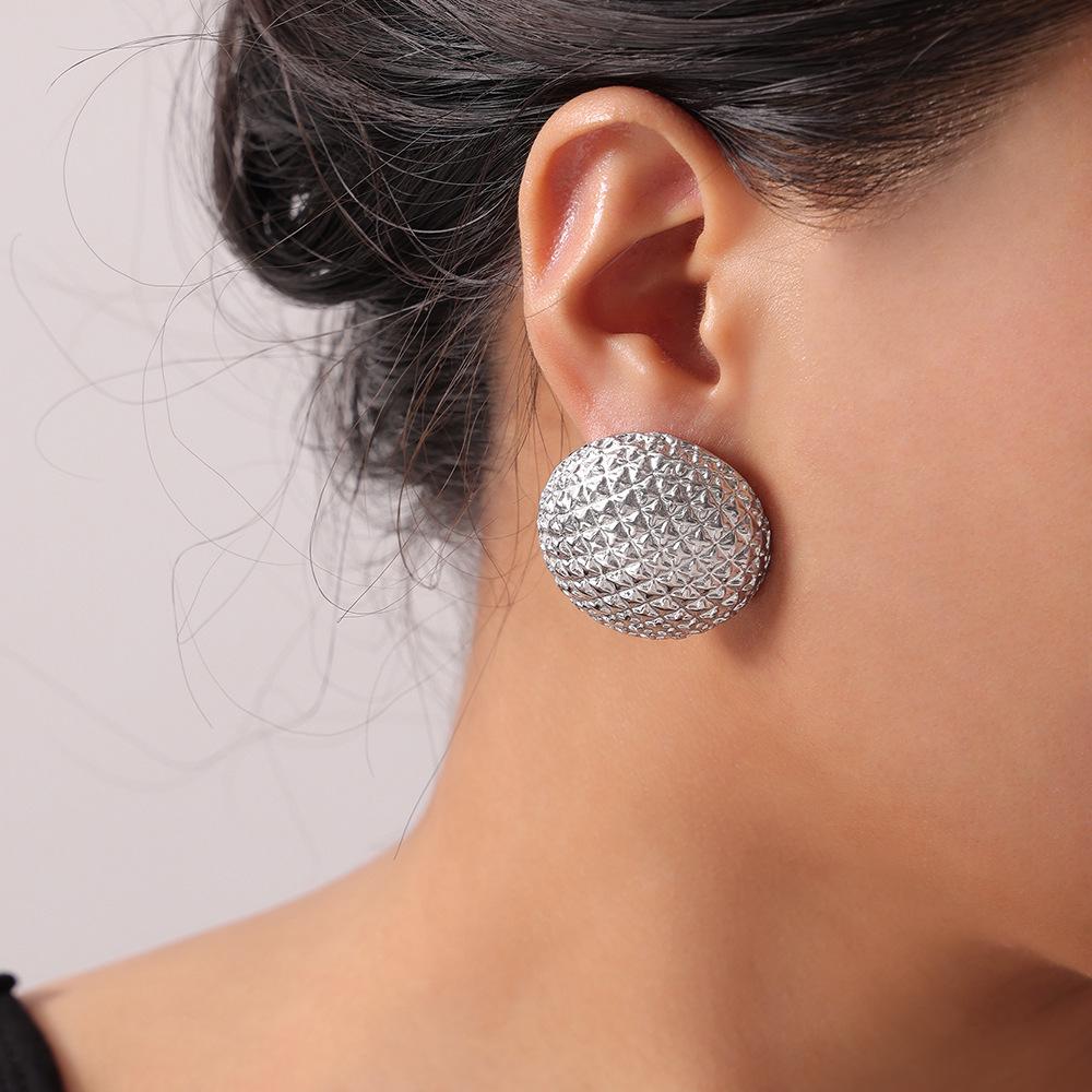 Elegant Retro Plaid Titanium Steel Earrings for Women - European American Design, Exaggerated Simple Studs