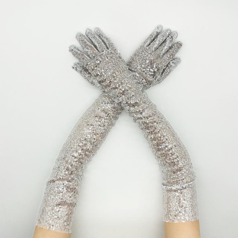 Long Glitter Elastic Fingerless Gloves Sparkly Sequin Performance Party Holiday Stage Costume Accessory Gloves