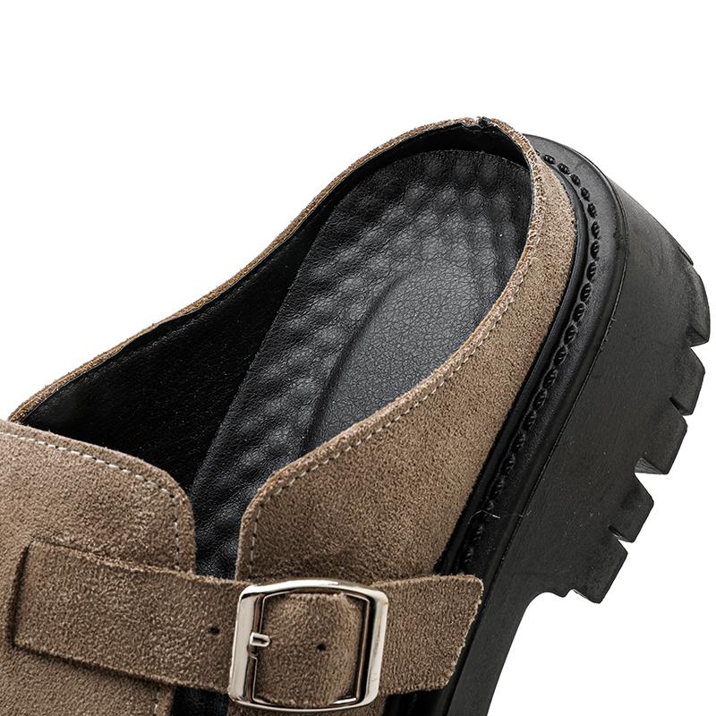 4CM Height Increasing Mules Slippers for Men Fashion Close Toe Slides Home Shoes Outdoor Clogs Suede Leather Platform Sandals