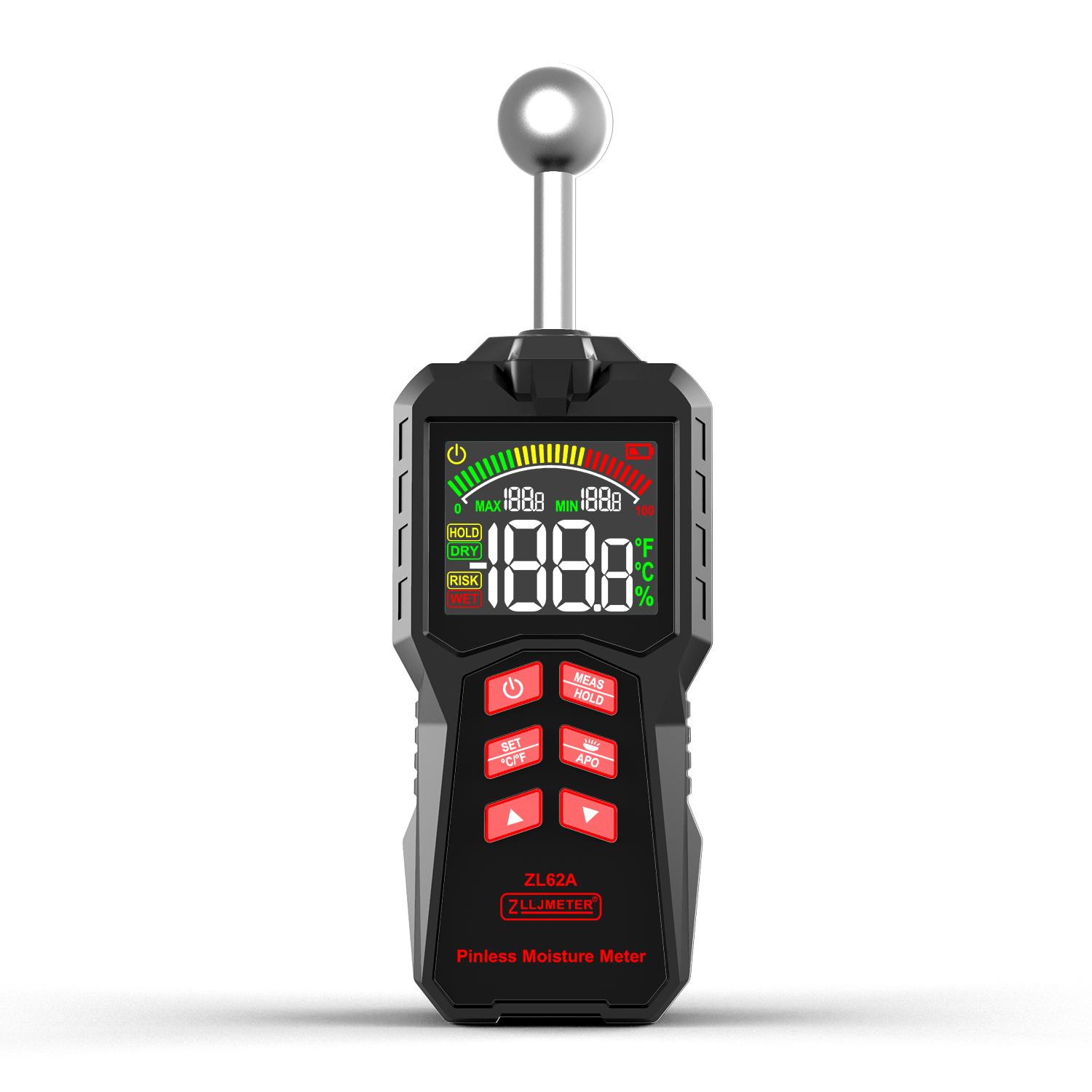 

Pinless Moisture Meter with Ball Probe & Color LCD, 0~100% RH Range, Alarm Function for Wood/Walls/Concrete/Masonry/Gypsum ZL62A