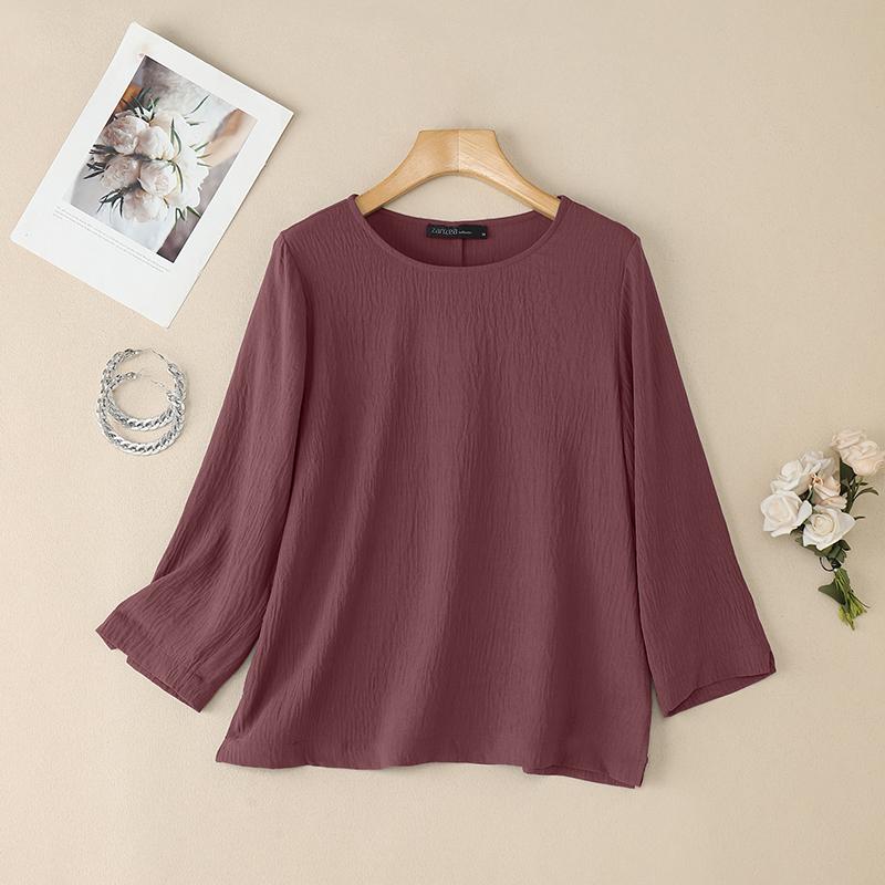ZANZEA Women Casual Round Neck Solid Color Loose 3/4 Sleeve Blouse