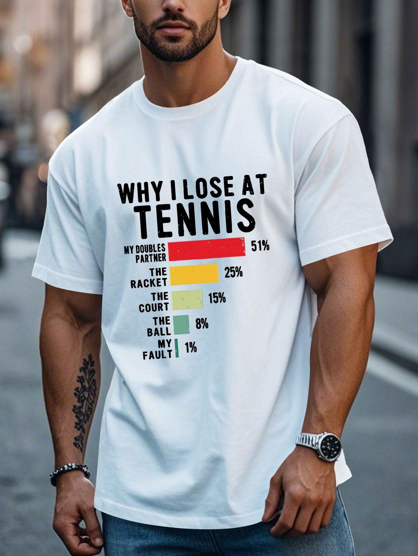 

Men S Why I Lose at Tennis Graphic Tee - Black Casual Summer Short Sleeve T-Shirt with Humorous Tennis Quote & Statistical Analysis Design M