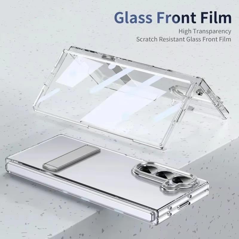 Luxury High Definition Transparent Phone Case for Samsung Galaxy Z Fold 7 6 5 4 Metal Holder Stand Screen Protector Shockproof Back Protect Cover