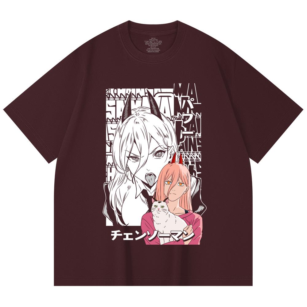 

230 Gsm 100% Cotton Chainsaw Man V57 Power Print Unisex Heavy Cotton T Shirt 2XL вина червоного кольору