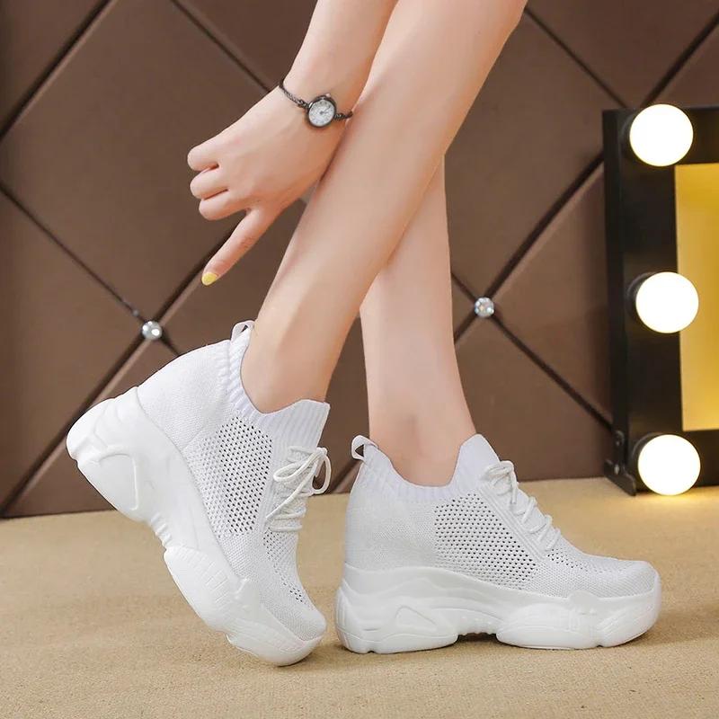 Rimocy Breathable Air Mesh Chunky Sneakers Women 2025 Spring Summer Knitted Height Increasing Shoes Woman White Casual Footwear
