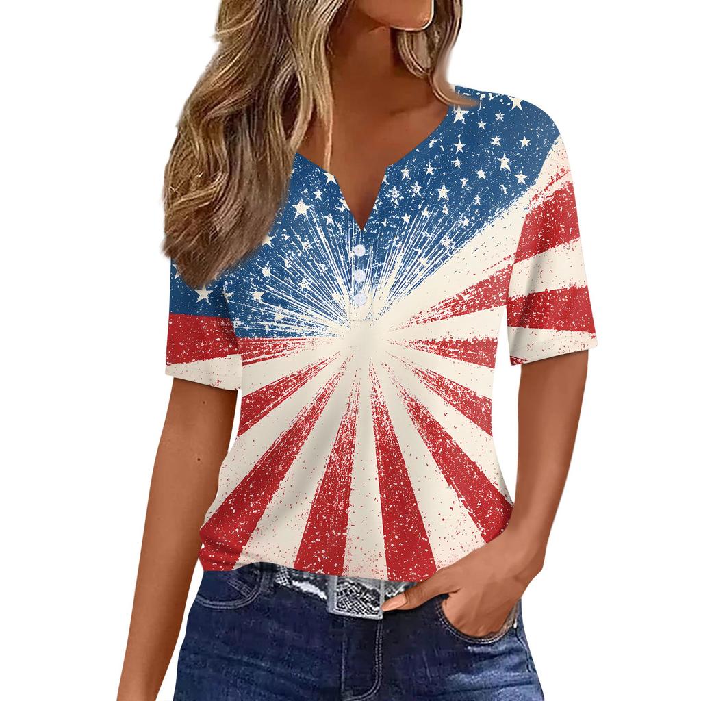 Women's T Shirt Independence Day Print Button Short Sleeve Daily Weekend Fashion Basic V- Neck Regular Top