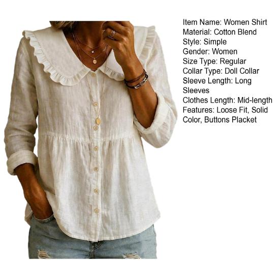 Women Shirt Ruffled Large Lapel Long Sleeve Buttons Placket Shirt Tops Pure Color Loose Fit Mid-Length Hem Casual Tops
