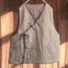 Johnature Women Chinese Style Linen Vests Coat V-Neck Sleeveless Patchwork Pockets Solid Color Fall Women Vintage Vests
