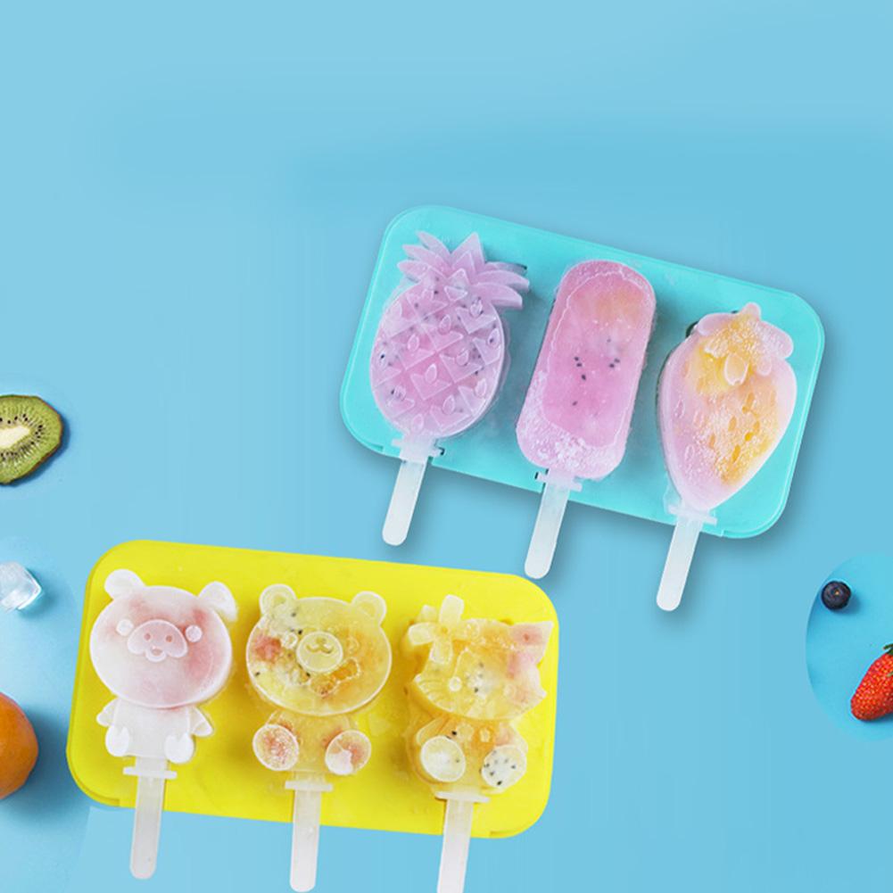 3 Cavities Silicone Ice Cream Mold Reusable Ice Cubes Tray Popsicle Mold with Stick