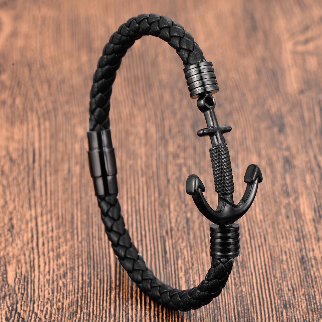 Black Leather Rope Cowhide Men's Double Layer Leather Woven Bracelet Handmade Multilayer Leather Anchor Bracelet