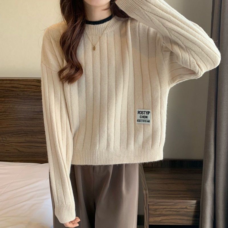 

Женский свободный укороченный свитер с вертикальными полосками Весна и Осень Нишевый Уникальный Дизайн Универсальный Вязаный Топ для Верхней и Нижней Носки S