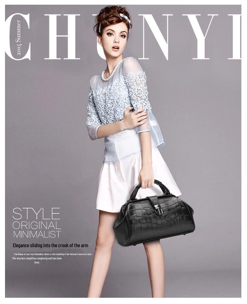 Retro Crocodile Grain Genuine Leather Doctor Bag - Large Capacity High-End Women's Handbag & Shoulder Bag