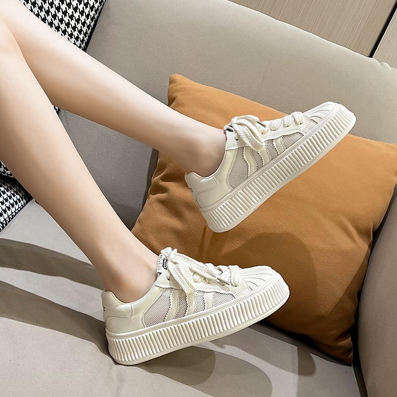 thick-soled little white shoes women's spring and summer new versatile casual board shoes shell head leather mesh flat-soled biscuit shoes