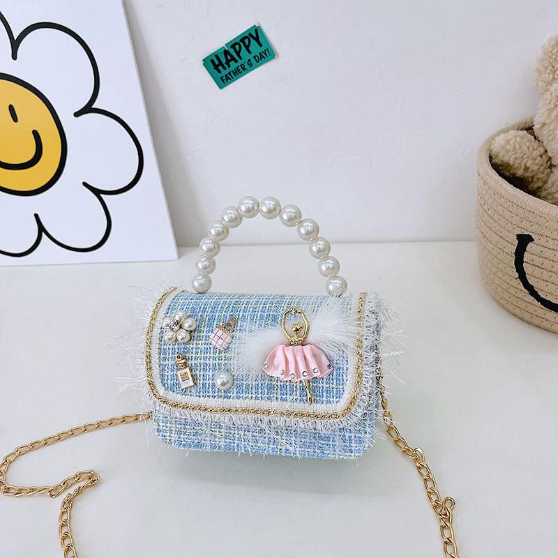 

Adorable Mini Pearl Handbag For Girls Trendy Princess Style Cute Cotton Tote Dance Blue