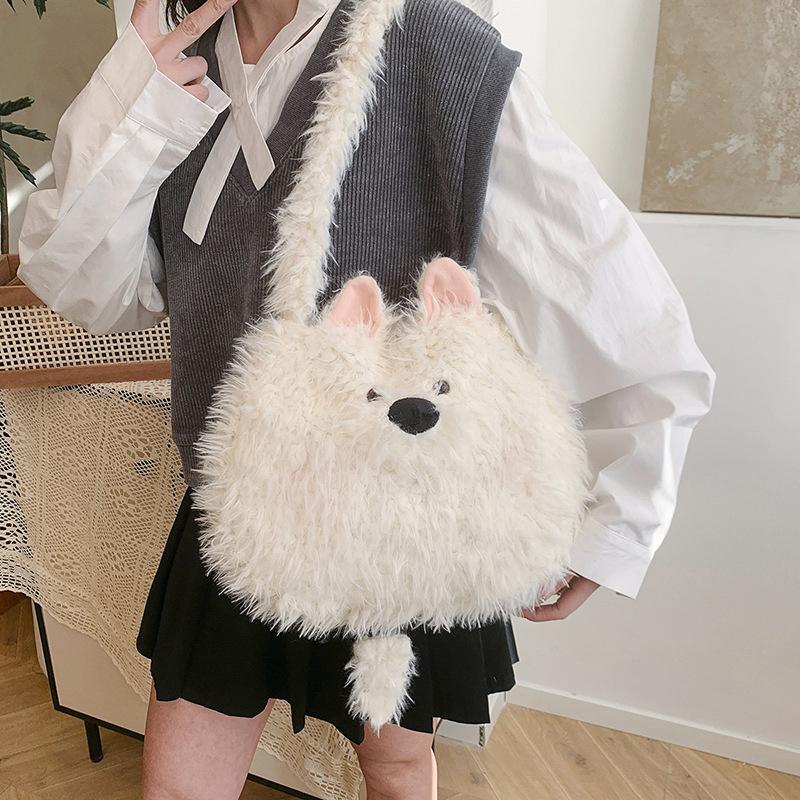 Cute Cartoon Dog Student Shoulder Bags For Women Girls Large Capacity Messenger Bag Simple Sweet Plush Female Handbags Gifts