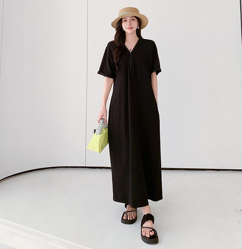 Retro Hepburn Style Plus Size Zipper Dress - Solid Color, Loose Fit Long Dress for Women