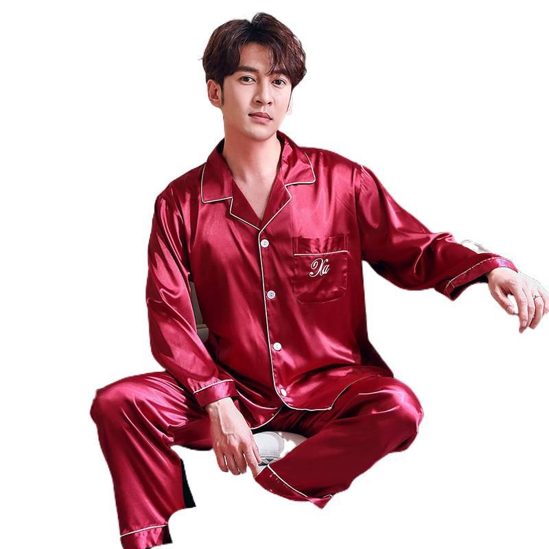 Frühlings-Seidenpyjama-Set im koreanischen Stil: Damenimitatseide & Herren Dünn Langarm Hauskleidung