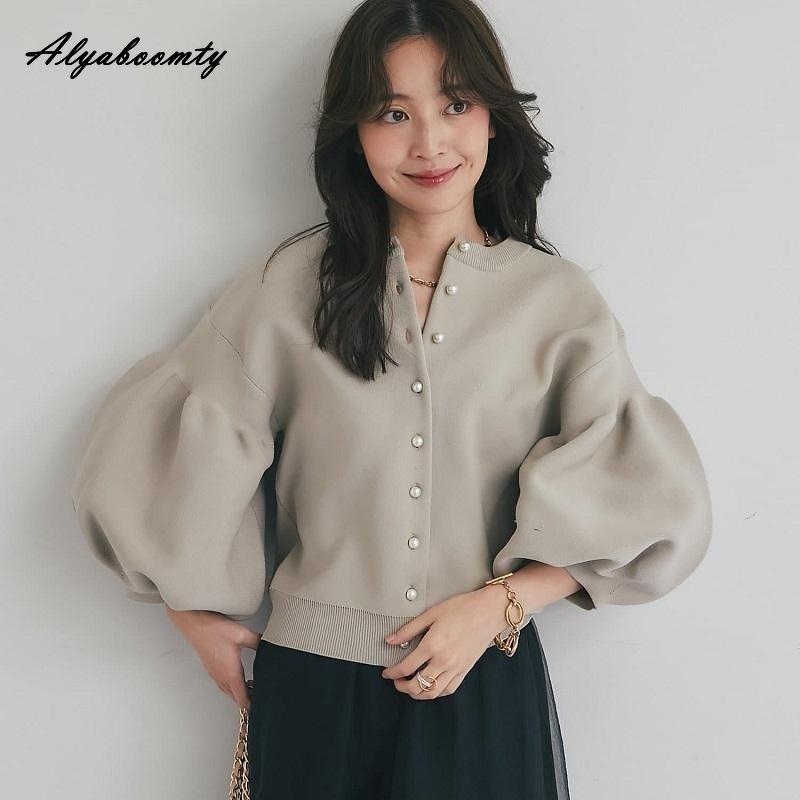 Maglione Autunno Inverno Ulzzang Coreano Donna Blu Rosa Nero Albicocca Maglia Cardigan Manica a Lanterna Lavorato a Maglia Capispalla Elegante