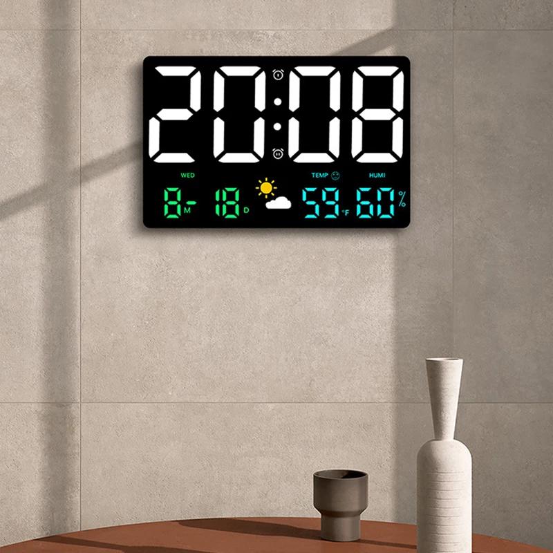 HD Large Screen LED Wall Clock with Sensing Temperature Humidity Weather Clock; Multi-functional Color Meteorological Clock