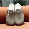 Design Women Slippers Fur Flats Short Plush Mules Shoes Women Buckle Soft Sole Cotton Shoes Suede Home Warm Slippers