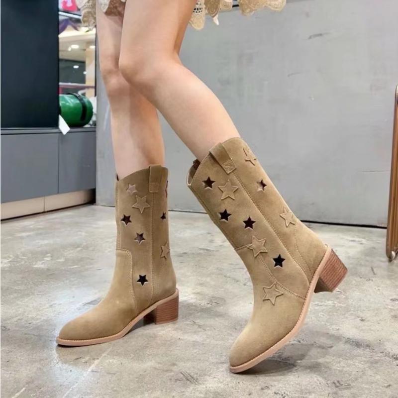Trendy Women's Boots 2024 Autumn New Retro Hollow Breathable Pointed Suede Versatile Western Women's Boots Zapatos De Mujer