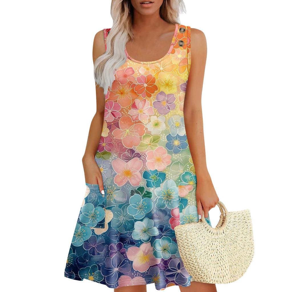 Summer Dresses For Women Beach Boho Sleeveless Printing Flowy Pocket Tshirt Tank Sundresses