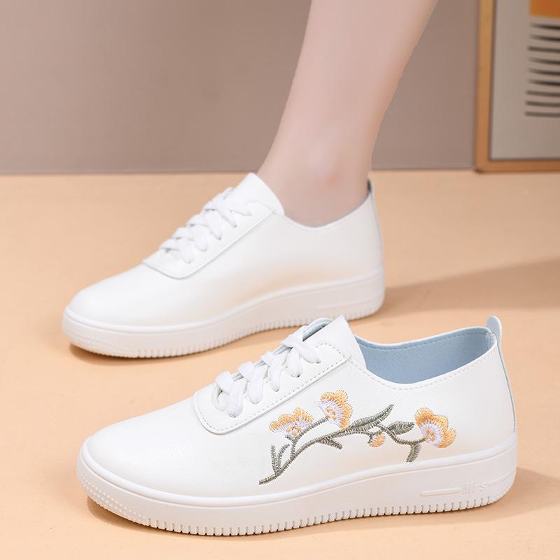 Women's White Leather Mesh Shoes - Breathable, Non-slip, Soft Sole, Korean Style for Spring & Summer