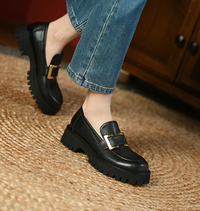 New Fashion  Women Shoes Split Leather Casual Slip -On Loafers Comfortable Pumps Platform Shoes Round Toe Heels Shoes Woman