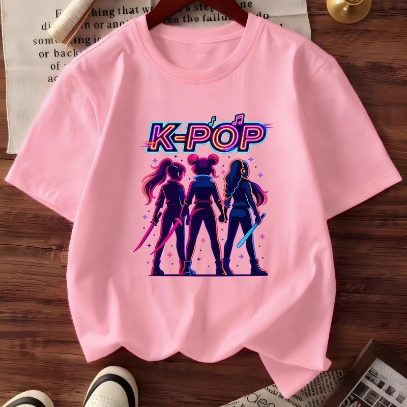 Girls Crewneck Short Sleeve Tee, K-Pop Girl Group Character Print Casual Sport Fashion Summer Top
