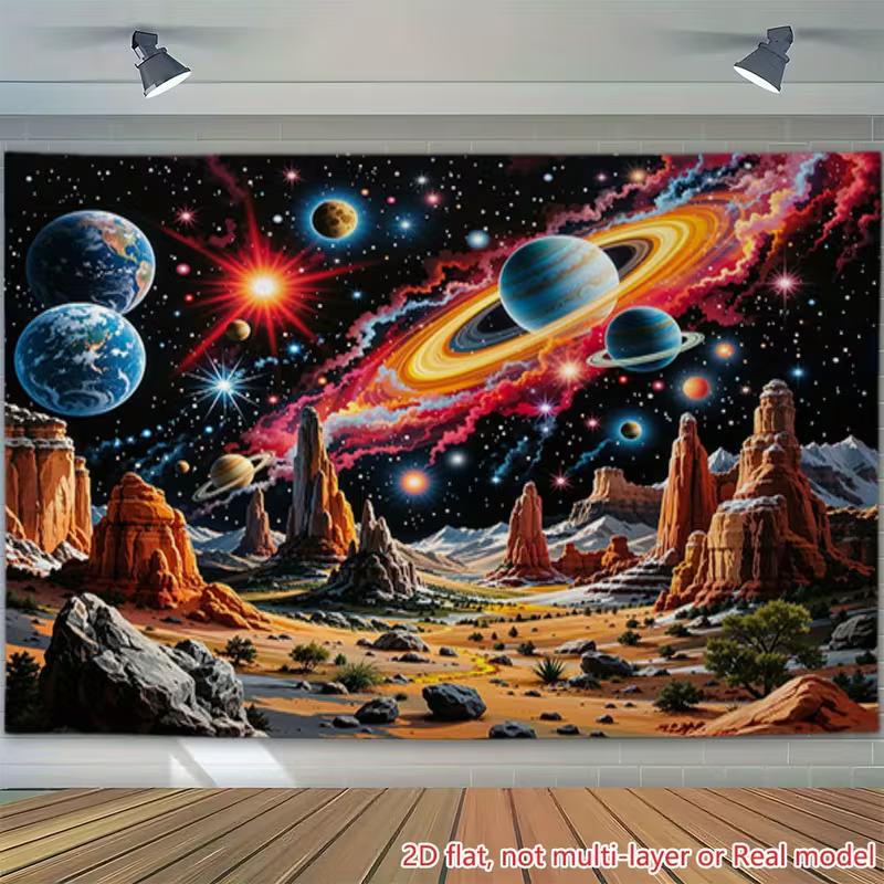 2D Cosmic Desert Tapestry Starry Sky with Saturn Planets and Western Rock Formations Wall Art