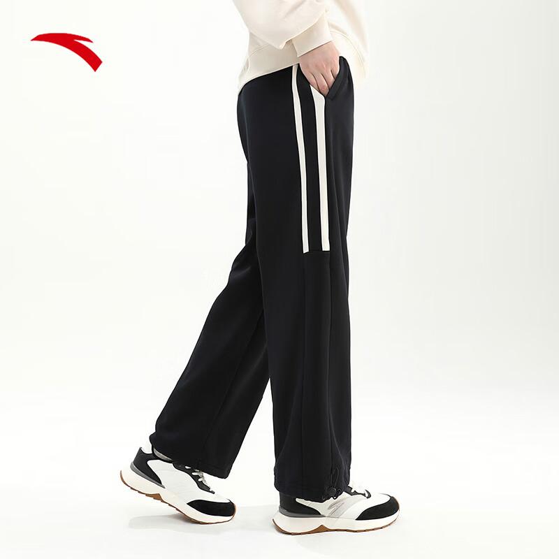 Anta Striped Letter Mid-Rise Fleece Straight Casual Pants Women Bottoms Basic-Black 162348305-2