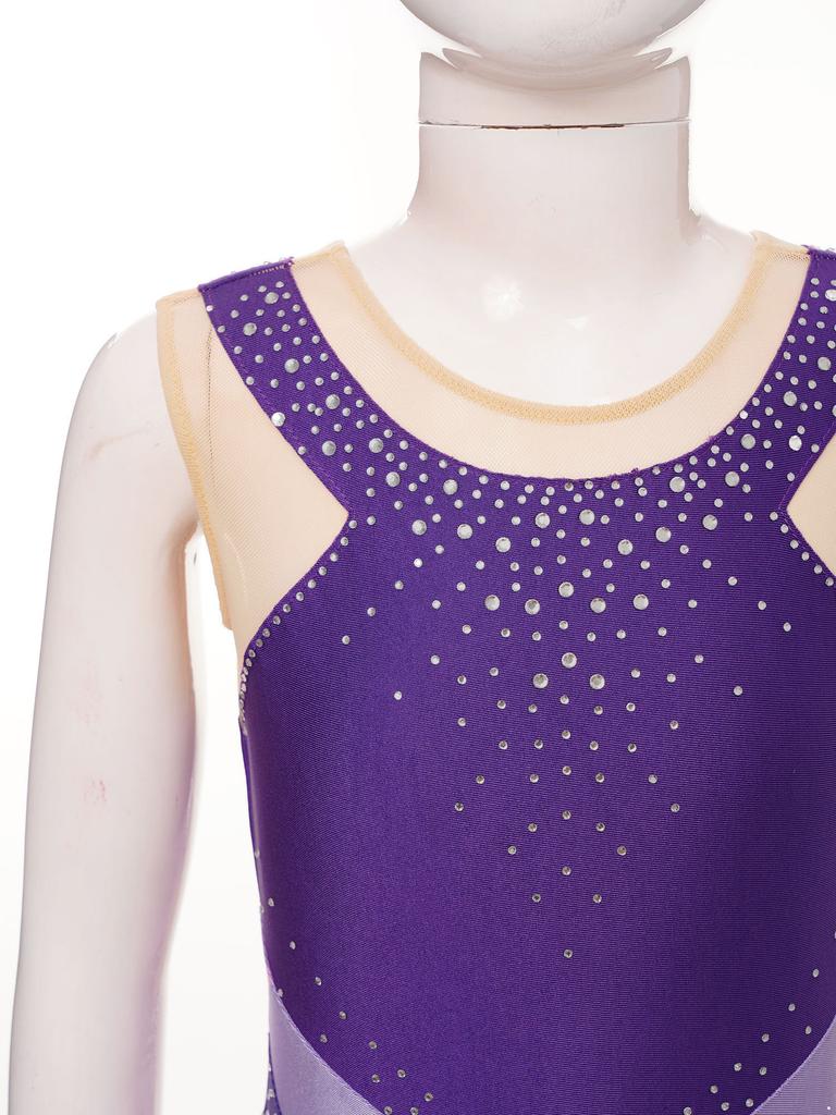 Girls Sparkly Rhinestones Leotard Gymnastics Costume Color Block Sheer Mesh Patchwork Sleeveless Bodysuit