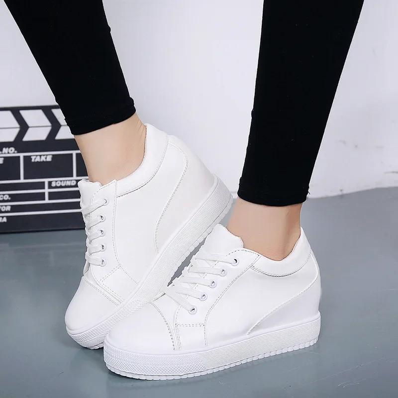 Fashion 2024 White Hidden Slope Heel Casual Sports Shoes Women's Spring Sports Shoes High Platform High Heel Vulcanized Shoes
