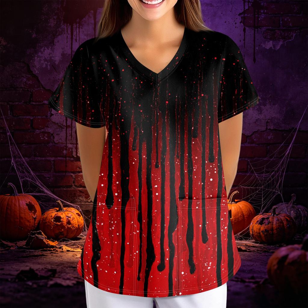 Womens Halloween Print Loose Fit V Neck Pocket Short Sleeve Scrub Top for Nurses and Professionals