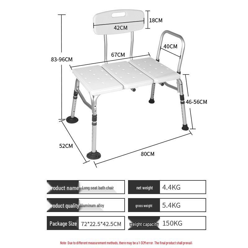 Elderly & Pregnant Shower Chair with Handrail: Adjustable Height, Long Seat for Bathtub Use