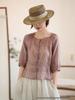 Women's Artistic Embroidered Linen Shirt - Summer 2026, Round Neck, Pleated, Loose Fit, 3/4 Sleeves, Chinese Style.