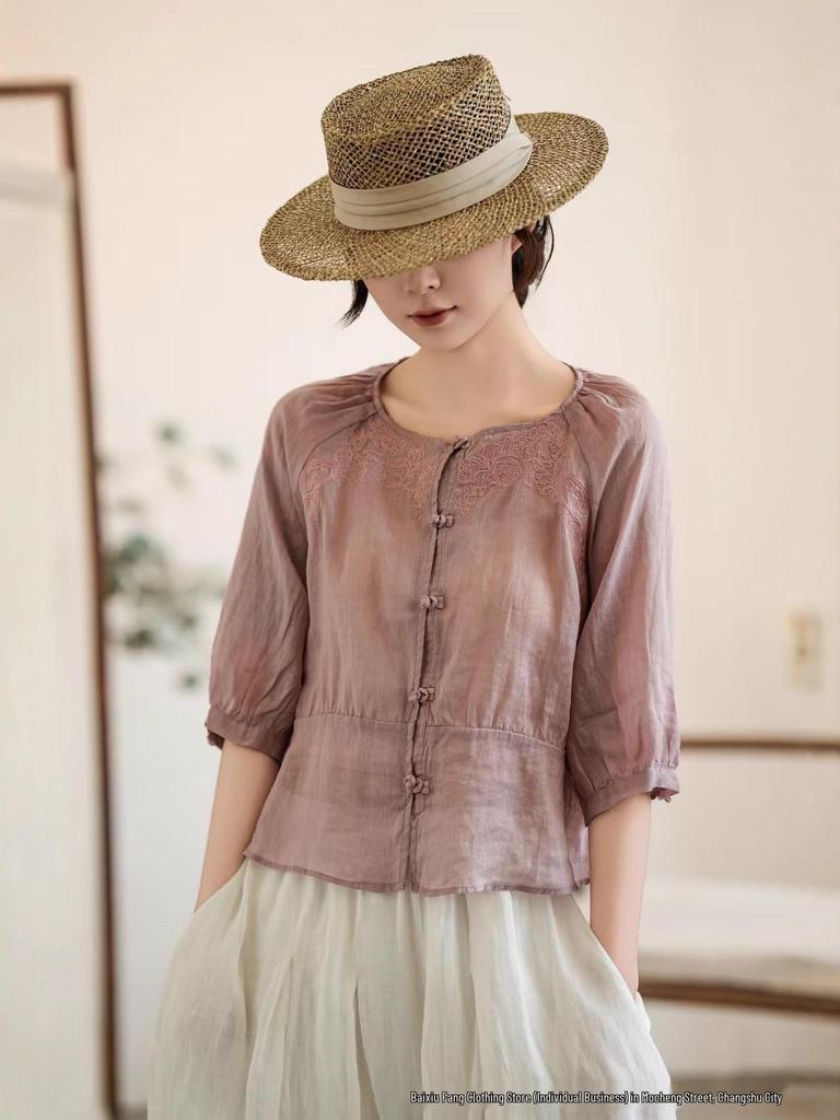 Women's Artistic Embroidered Linen Shirt - Summer 2026, Round Neck, Pleated, Loose Fit, 3/4 Sleeves, Chinese Style.