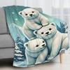 Popular Gift 1pc Flannel Blanket, with a Pattern of Three Polar Bears Standing In The Snow Under The Moonlight, Warm, Soft, Lightweight, Machine Washa
