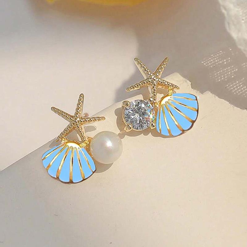 2026 New European and American Shell Sea Star Earnail Women's Pearl Drip Oil Small Fresh Zircon Vacation Style Exquisite Style