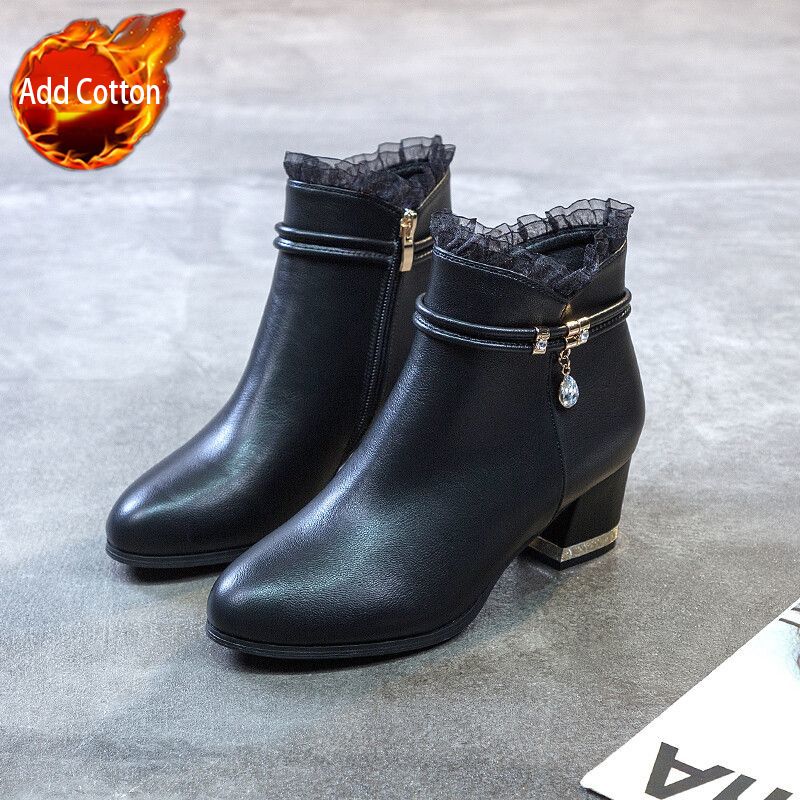 Mode Herbst Winter Elegant mit Mittelhohen Absätzen Weibliche Kurze Schuhe Leder Wasserdicht Runde Zehenpartie Damen Stiefeletten Ausverkauf Neu in Stiefeletten