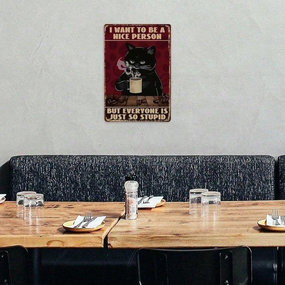 Metallposter Schwarze Katze Kaffee Retro Blechschild 8x12 Zoll Wanddekoration für Küche Bar Café