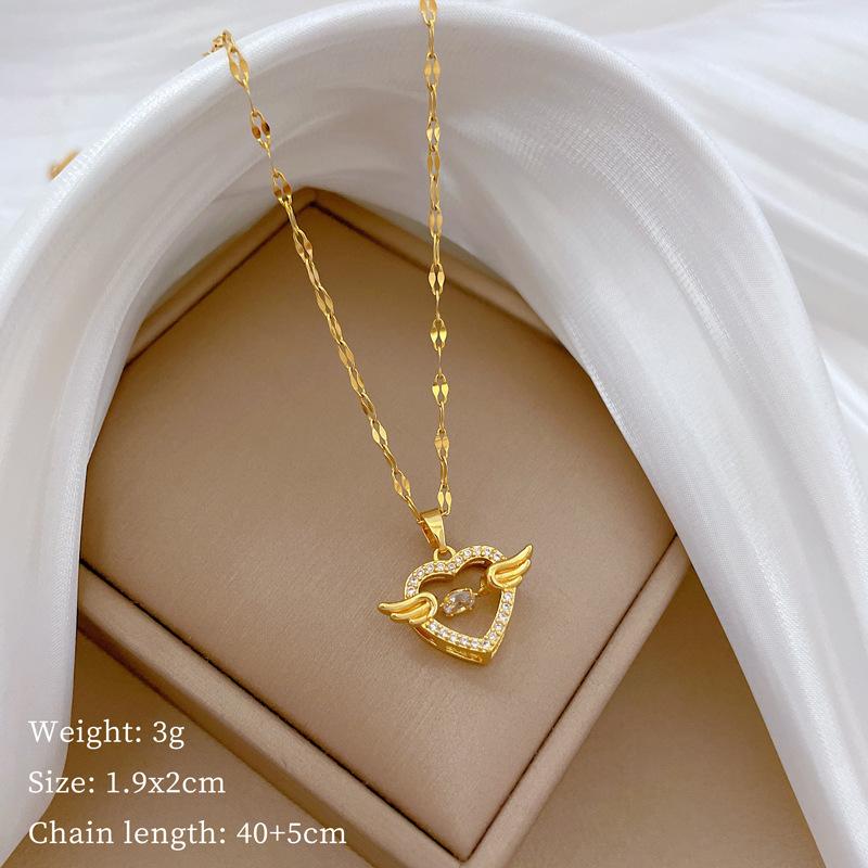 Smart Angel Heart Light Luxury Temperament Gorgeous Full Diamond Necklace Female Versatile Clavicle Chain Titanium Steel Chain