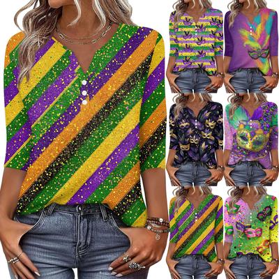 Damen T-Shirt mit Aufdruck, Knopfleiste, 3/4-Ärmel, für den Alltag, Wochenendmode, Basic, V-Ausschnitt, normales Oberteil